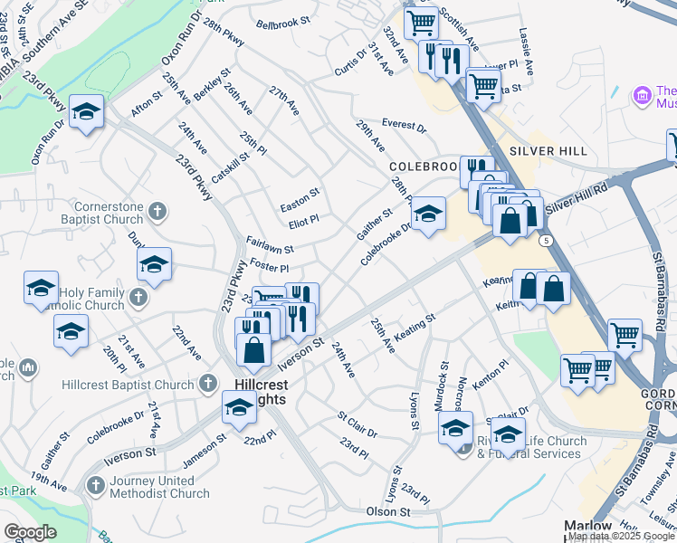 map of restaurants, bars, coffee shops, grocery stores, and more near 2501 Gaither Street in Temple Hills