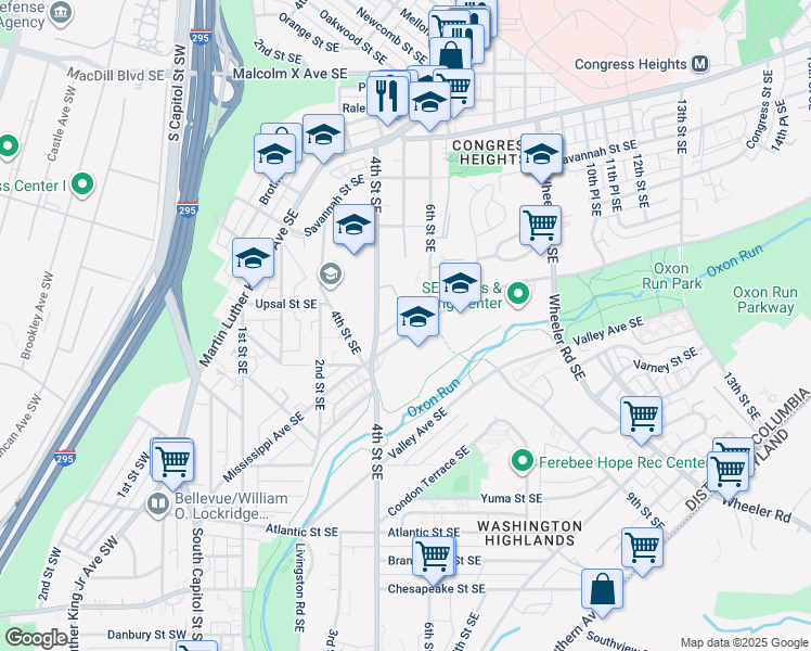 map of restaurants, bars, coffee shops, grocery stores, and more near 452 Woodcrest Drive Southeast in Washington