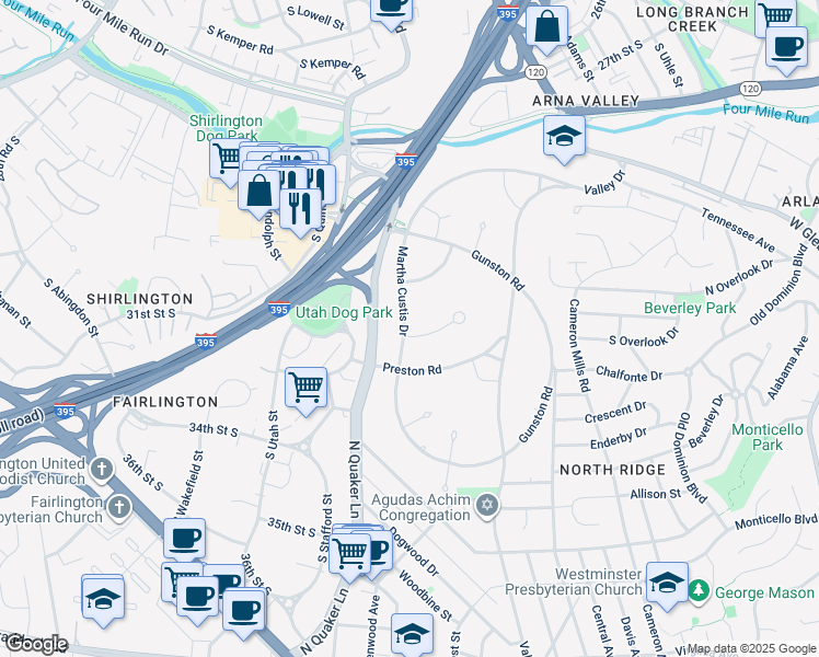map of restaurants, bars, coffee shops, grocery stores, and more near 3425 Martha Custis Drive in Alexandria