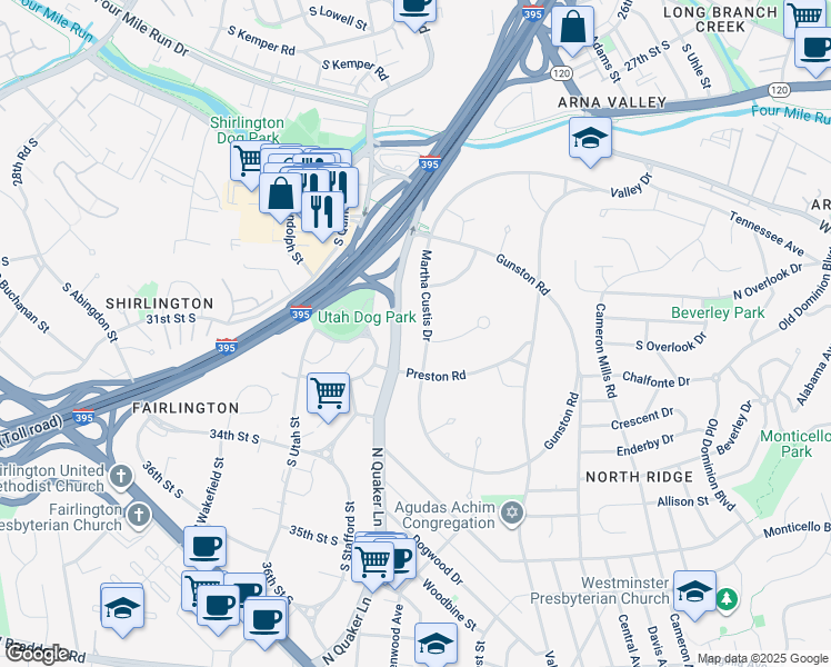 map of restaurants, bars, coffee shops, grocery stores, and more near 3452 Martha Custis Drive in Alexandria