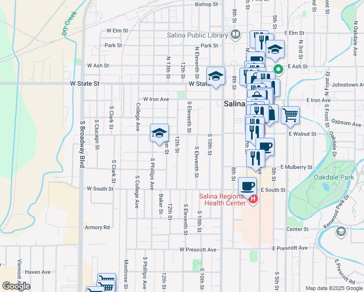 map of restaurants, bars, coffee shops, grocery stores, and more near 617 West Walnut Street in Salina