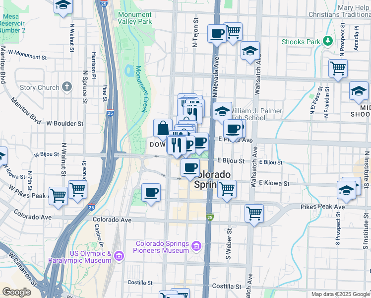 map of restaurants, bars, coffee shops, grocery stores, and more near in Colorado Springs