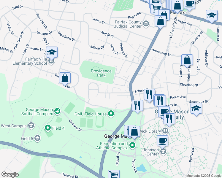 map of restaurants, bars, coffee shops, grocery stores, and more near 10622 Regent Park Court in Fairfax
