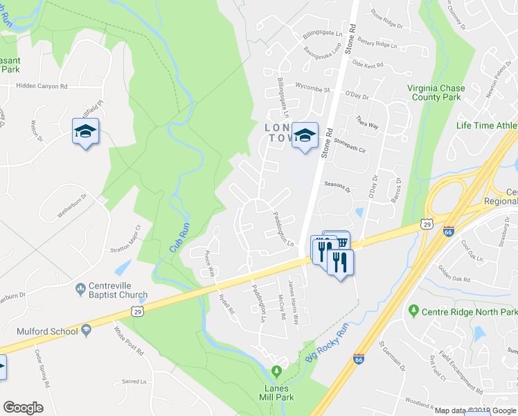 map of restaurants, bars, coffee shops, grocery stores, and more near 14842 Leicester Court in Centreville