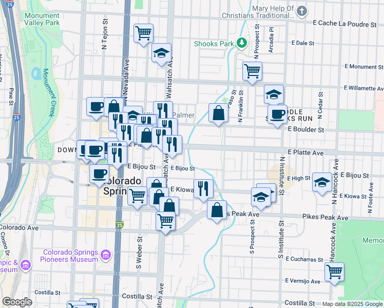 map of restaurants, bars, coffee shops, grocery stores, and more near 526 East Platte Avenue in Colorado Springs