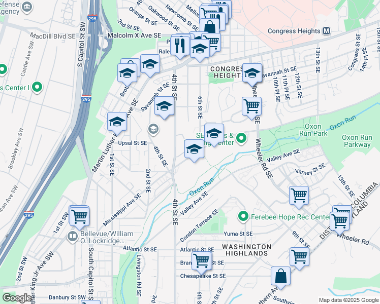map of restaurants, bars, coffee shops, grocery stores, and more near 450 Woodcrest Drive Southeast in Washington