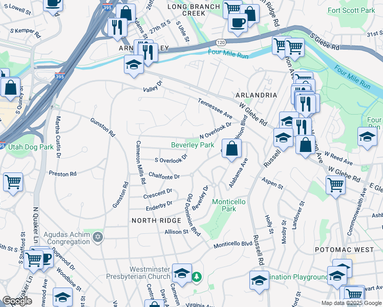 map of restaurants, bars, coffee shops, grocery stores, and more near 702 South Overlook Drive in Alexandria