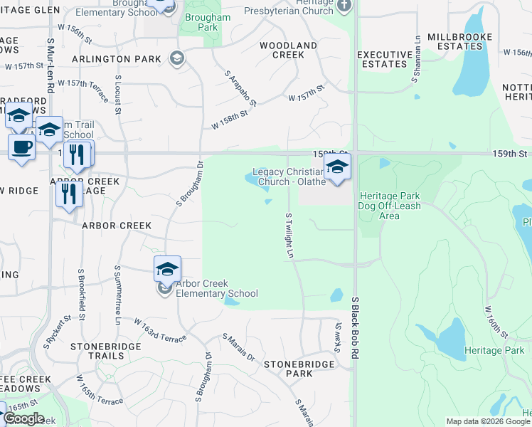 map of restaurants, bars, coffee shops, grocery stores, and more near 15455 159th Street in Olathe