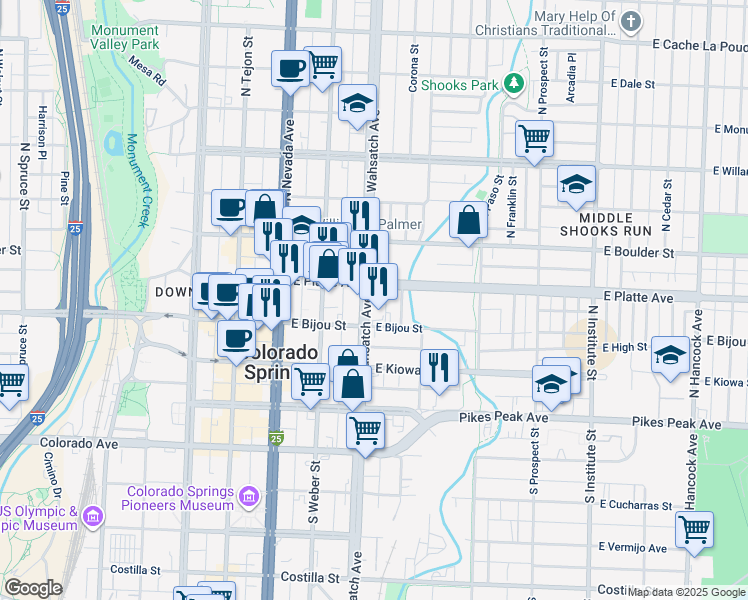 map of restaurants, bars, coffee shops, grocery stores, and more near 419 East Platte Avenue in Colorado Springs