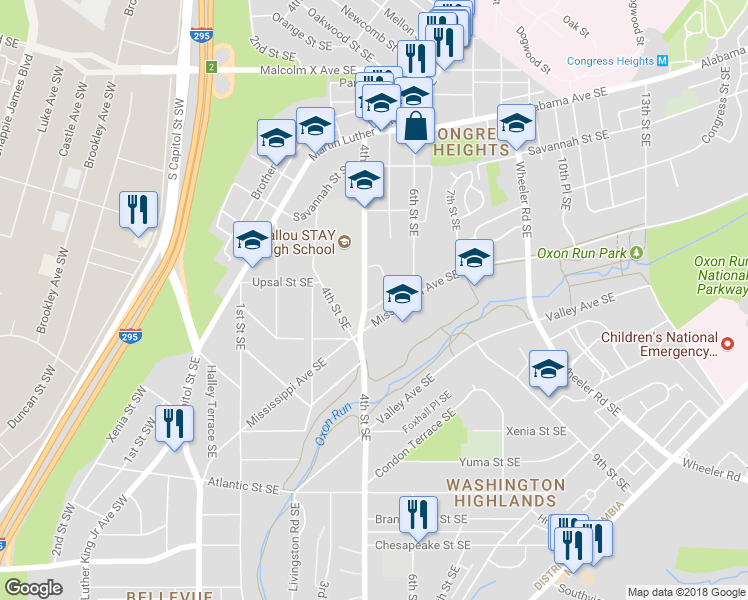 map of restaurants, bars, coffee shops, grocery stores, and more near 437 Woodcrest Drive Southeast in Washington