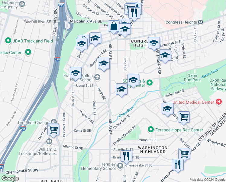 map of restaurants, bars, coffee shops, grocery stores, and more near 437 Woodcrest Drive Southeast in Washington