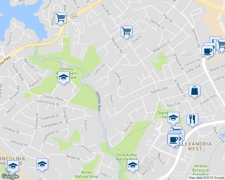 map of restaurants, bars, coffee shops, grocery stores, and more near 4013 David Ln in Alexandria