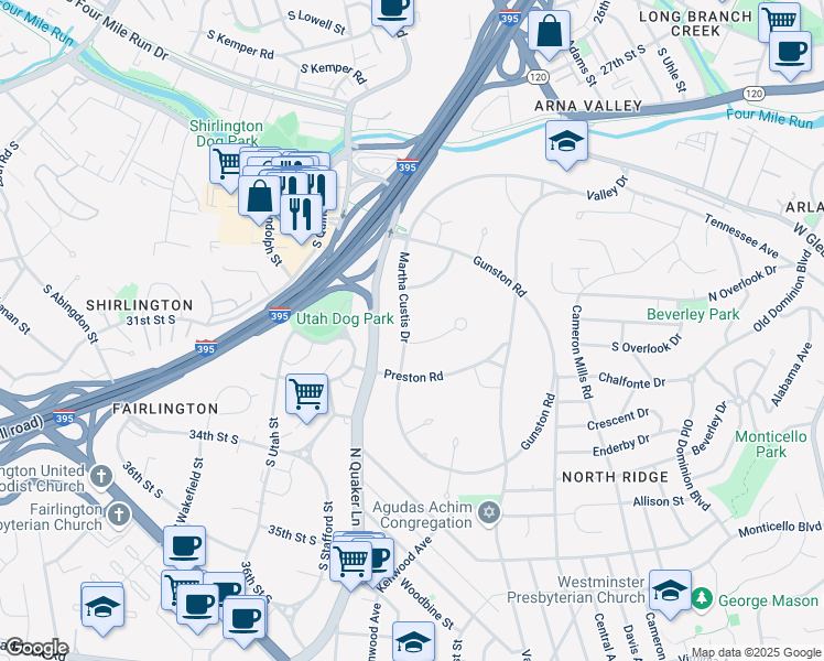 map of restaurants, bars, coffee shops, grocery stores, and more near 3429 Martha Custis Drive in Alexandria