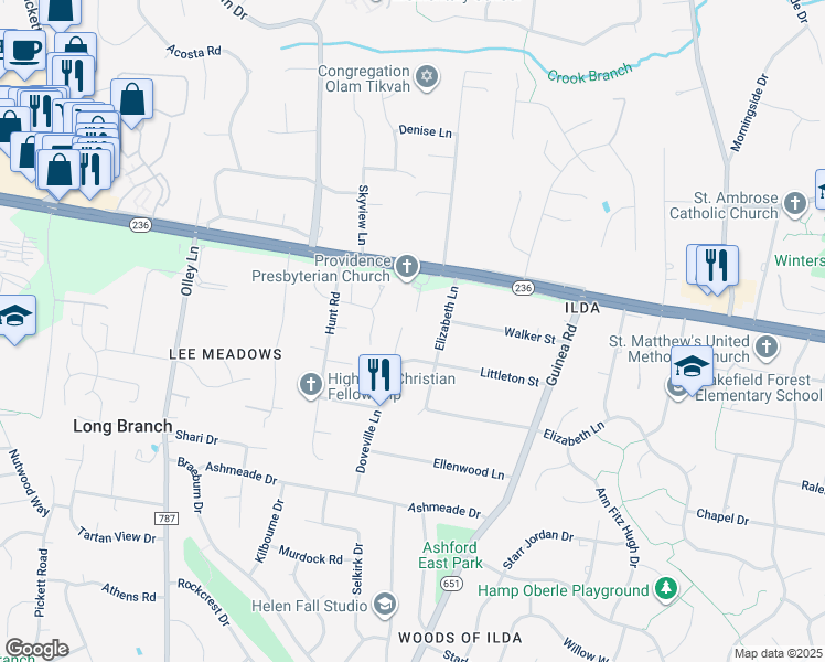 map of restaurants, bars, coffee shops, grocery stores, and more near 4035 Doveville Lane in Fairfax