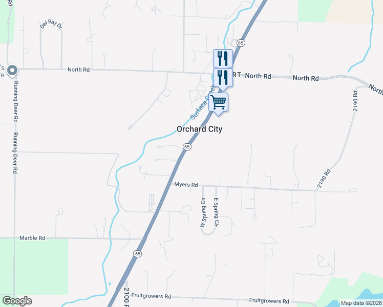 map of restaurants, bars, coffee shops, grocery stores, and more near 12650 Colorado 65 in Orchard City