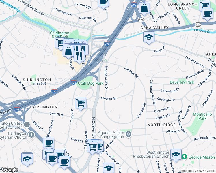 map of restaurants, bars, coffee shops, grocery stores, and more near 3429 Martha Custis Drive in Alexandria