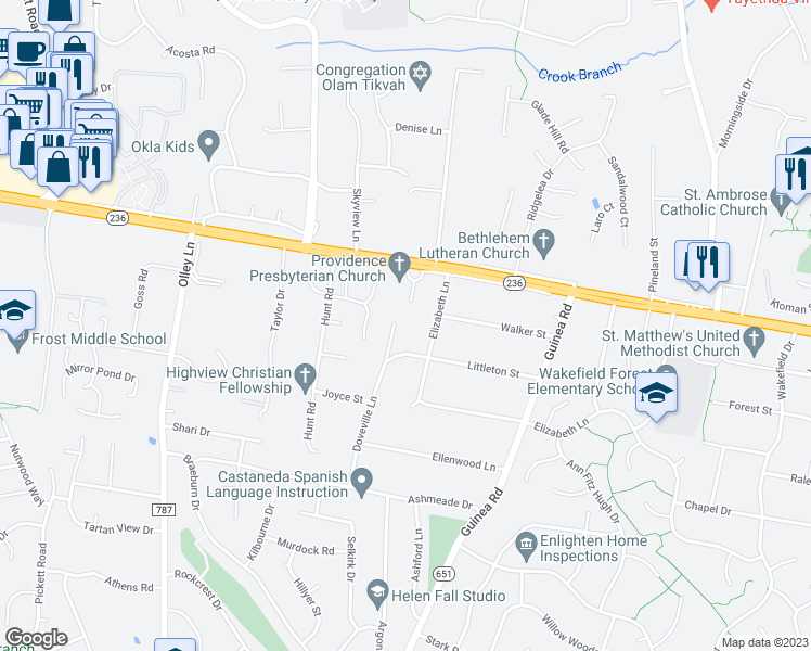 map of restaurants, bars, coffee shops, grocery stores, and more near 4035 Doveville Lane in Fairfax