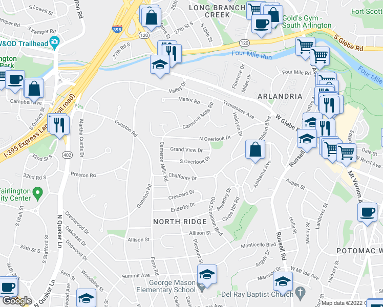 map of restaurants, bars, coffee shops, grocery stores, and more near 714 Grand View Drive in Alexandria