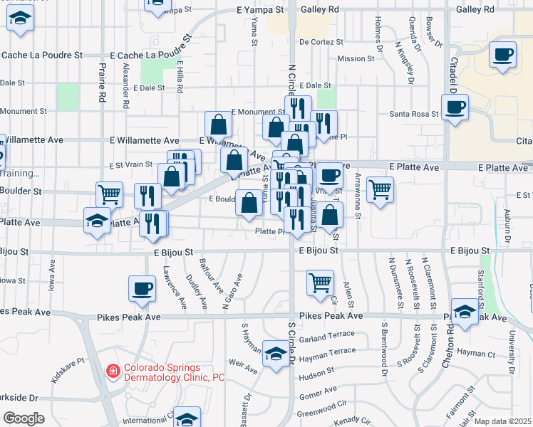 map of restaurants, bars, coffee shops, grocery stores, and more near 2625 East Boulder Street in Colorado Springs