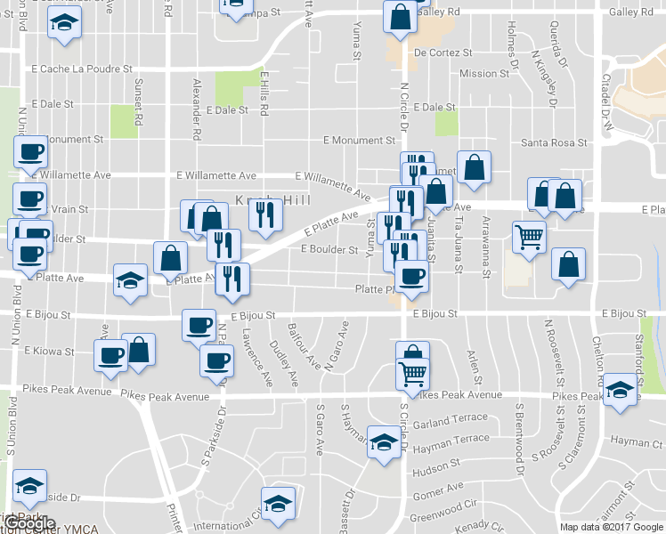map of restaurants, bars, coffee shops, grocery stores, and more near 2543 East Boulder Street in Colorado Springs