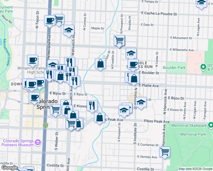map of restaurants, bars, coffee shops, grocery stores, and more near 710 East Platte Avenue in Colorado Springs