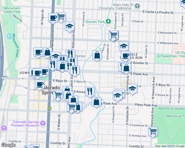 map of restaurants, bars, coffee shops, grocery stores, and more near 550 East Platte Avenue in Colorado Springs