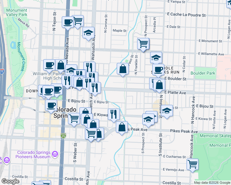 map of restaurants, bars, coffee shops, grocery stores, and more near 550 East Platte Avenue in Colorado Springs