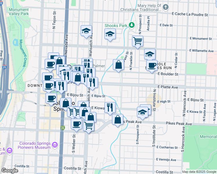 map of restaurants, bars, coffee shops, grocery stores, and more near 526 East Platte Avenue in Colorado Springs