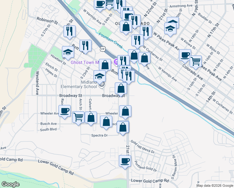 map of restaurants, bars, coffee shops, grocery stores, and more near 2197 Baltimore Circle in Colorado Springs