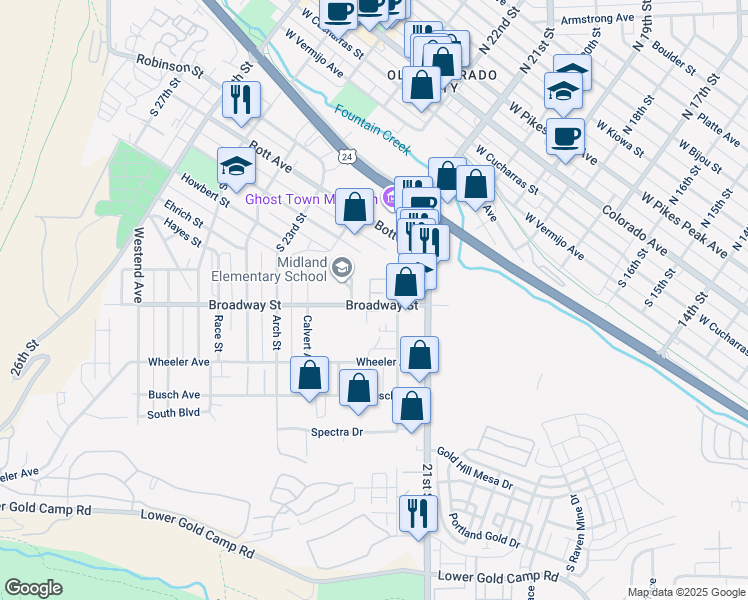 map of restaurants, bars, coffee shops, grocery stores, and more near 2161 Baltimore Circle in Colorado Springs