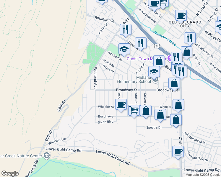 map of restaurants, bars, coffee shops, grocery stores, and more near 2501 Adams Street in Colorado Springs