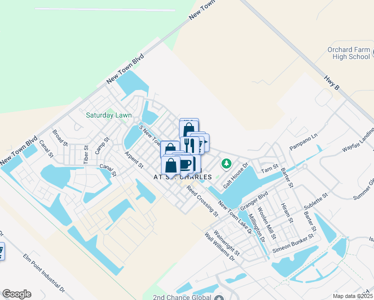 map of restaurants, bars, coffee shops, grocery stores, and more near 3312 Domain Street in Saint Charles