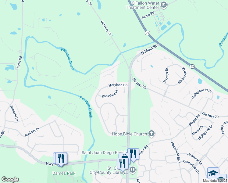 map of restaurants, bars, coffee shops, grocery stores, and more near 2 Maryland Circle in O'Fallon