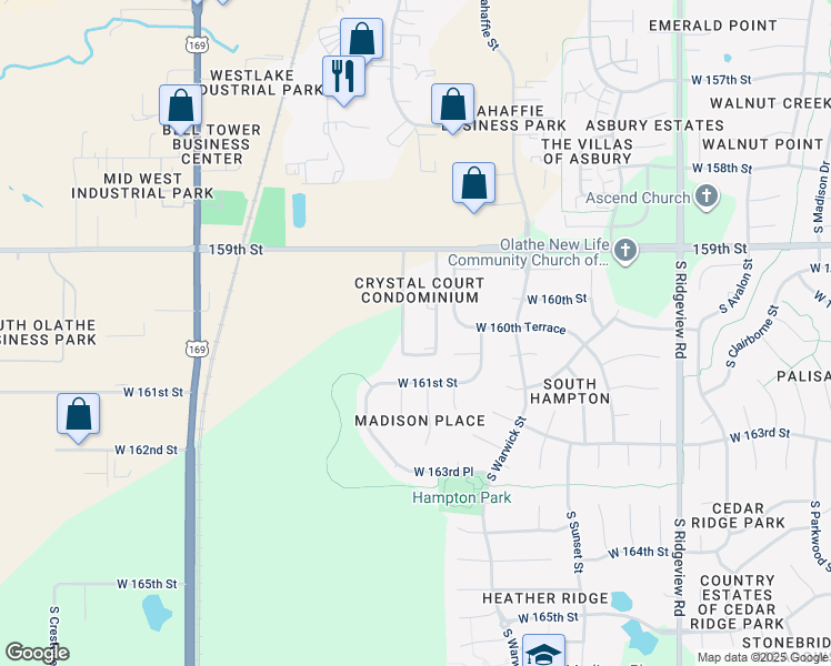 map of restaurants, bars, coffee shops, grocery stores, and more near 15970 South Skyview Lane in Olathe