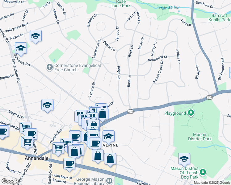 map of restaurants, bars, coffee shops, grocery stores, and more near 4000 Ridge Road in Annandale
