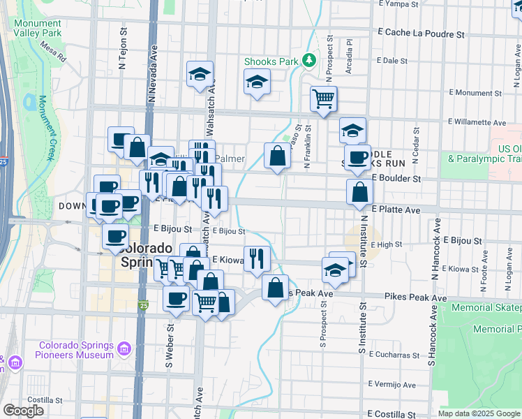 map of restaurants, bars, coffee shops, grocery stores, and more near 550 East Platte Avenue in Colorado Springs