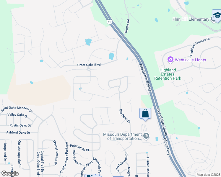 map of restaurants, bars, coffee shops, grocery stores, and more near 940 Mule Creek Drive in Wentzville