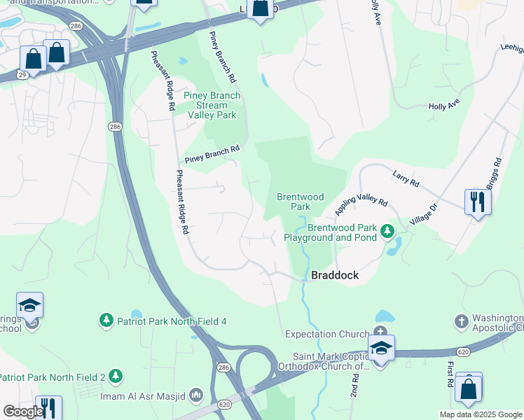 map of restaurants, bars, coffee shops, grocery stores, and more near 5105 Brentwood Farm Drive in Fairfax