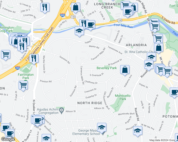 map of restaurants, bars, coffee shops, grocery stores, and more near 802 Grand View Drive in Alexandria