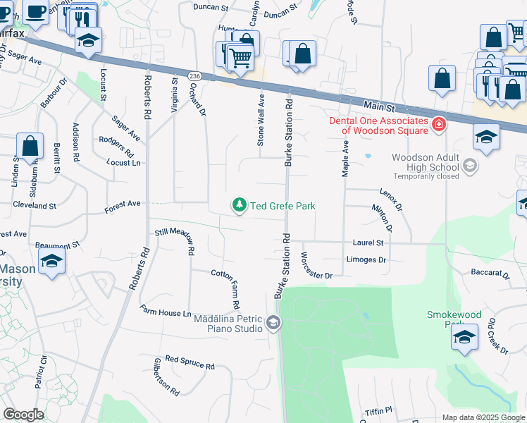 map of restaurants, bars, coffee shops, grocery stores, and more near 9902 Grefe Drive in Fairfax