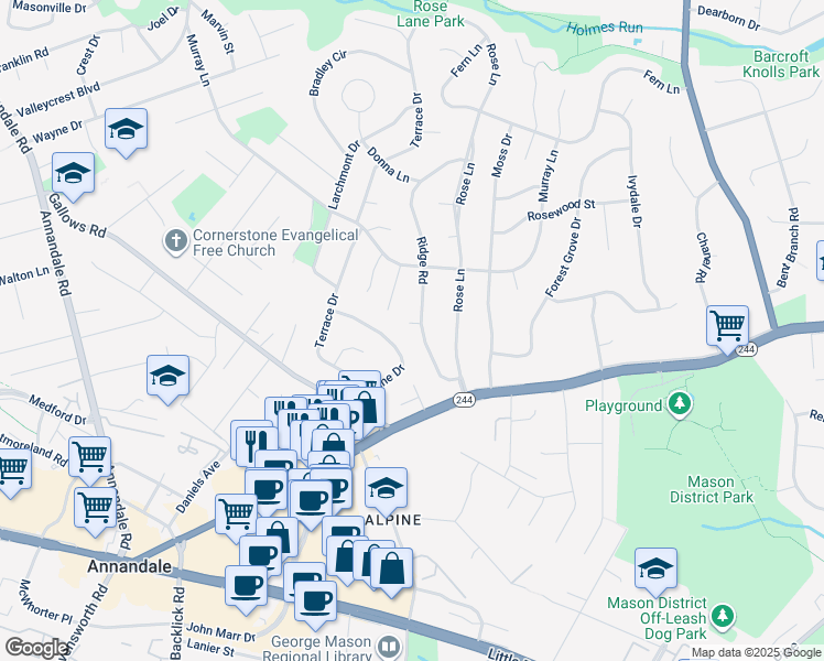 map of restaurants, bars, coffee shops, grocery stores, and more near 4000 Ridge Road in Annandale