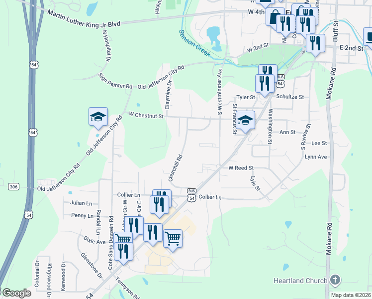map of restaurants, bars, coffee shops, grocery stores, and more near 700 Churchill Road in Fulton