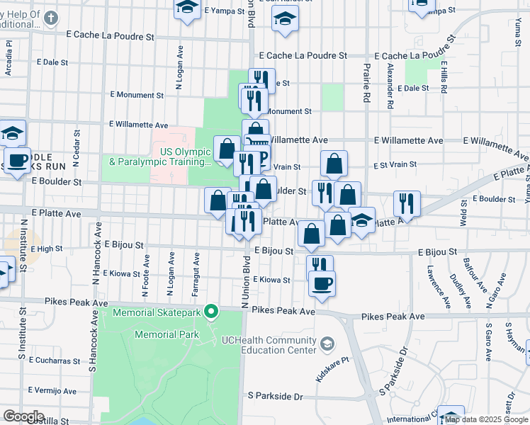 map of restaurants, bars, coffee shops, grocery stores, and more near 326 Bonfoy Avenue in Colorado Springs