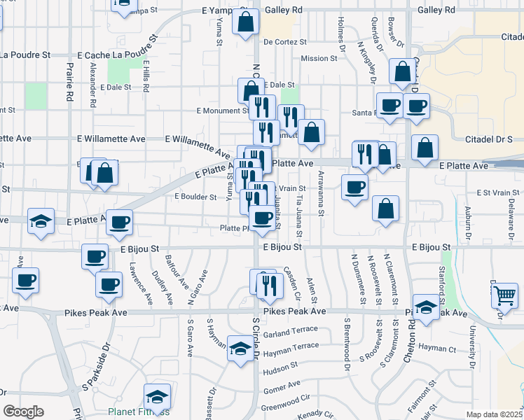 map of restaurants, bars, coffee shops, grocery stores, and more near 414 Juanita Street in Colorado Springs