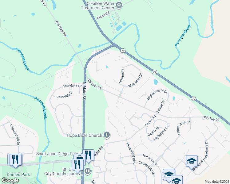 map of restaurants, bars, coffee shops, grocery stores, and more near 702 Jamesport Drive in O'Fallon