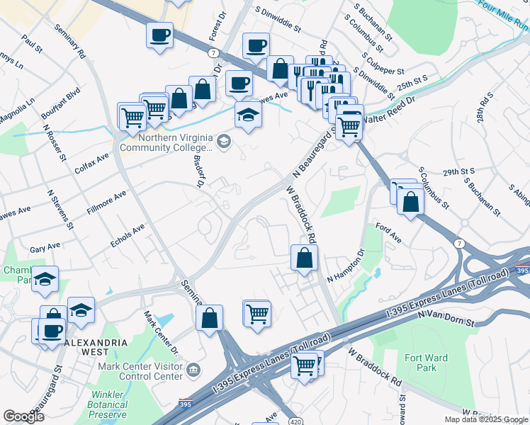 map of restaurants, bars, coffee shops, grocery stores, and more near 5033 Fillmore Avenue in Alexandria