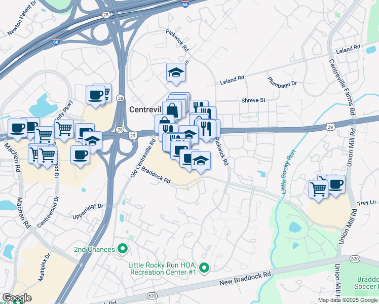 map of restaurants, bars, coffee shops, grocery stores, and more near 5775 Spindle Court in Centreville