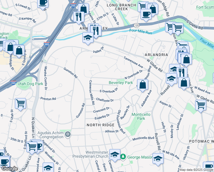 map of restaurants, bars, coffee shops, grocery stores, and more near 714 Grand View Drive in Alexandria