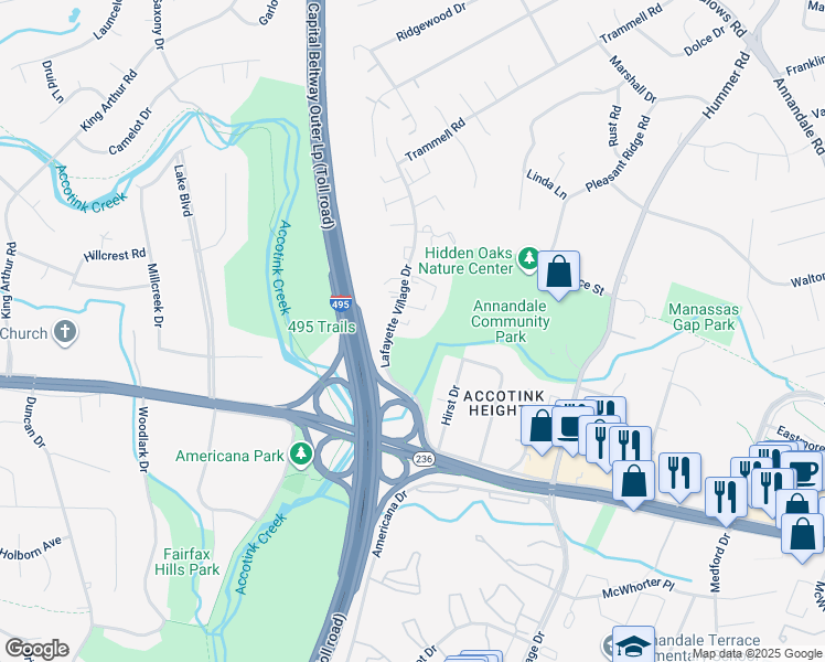 map of restaurants, bars, coffee shops, grocery stores, and more near 3963 Hancock Forest Trail in Annandale
