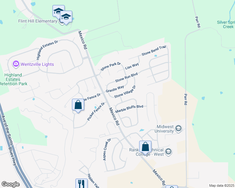 map of restaurants, bars, coffee shops, grocery stores, and more near 327 Stone Village Drive in Wentzville